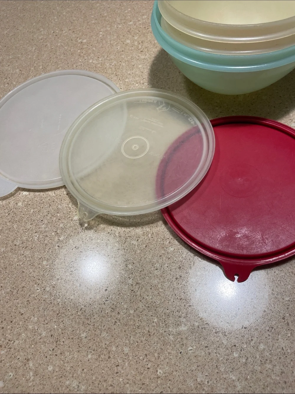 Vintage Tupperware Stackable Food Storage Bowls;Beige, Red, and Light Blue Lids